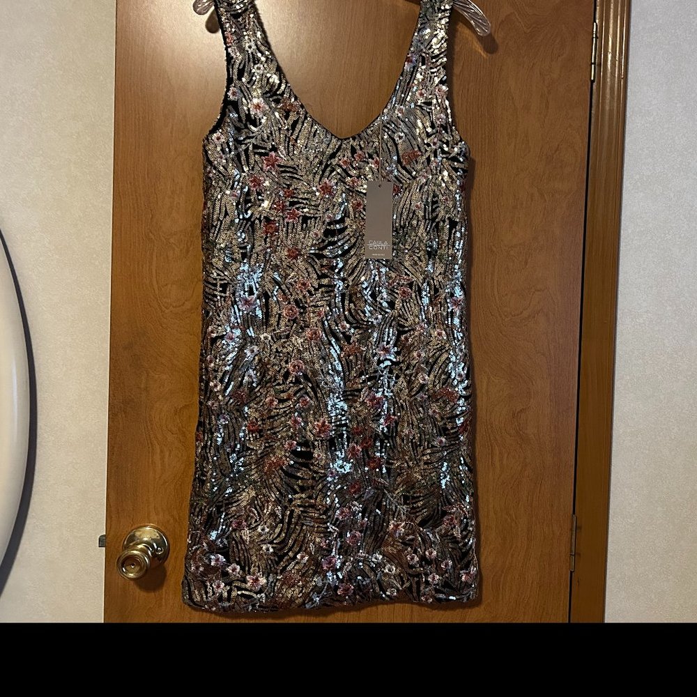 NWT CARLA CONTI Sz S Black with Gold Sequins Embroidered Pink Flowers Dress NEW